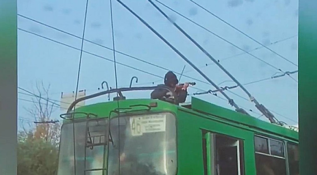 Экстремальный концерт: мужчина играл на скрипке, сидя на крыше движущегося троллейбуса