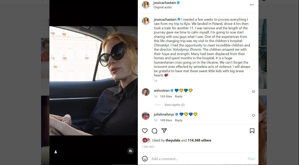 Американська акторка Джессіка Честейн, за три тижні після відвідин Києва, написала пост про цю поїздку
